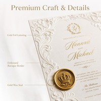 Suite d'invitations de mariage de luxe en papier coton texturé gaufré or baroque, avec sceau de cire, ruban doré et impression personnalisée