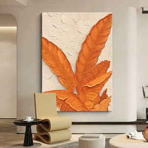 Hand Painted Oil Painting Orange Leaves Art <b>Canvas</b> <b>Wall</b> Decor For Living Room Entryway Modern Minimalist Style Rectangle Beige - Product Image 3