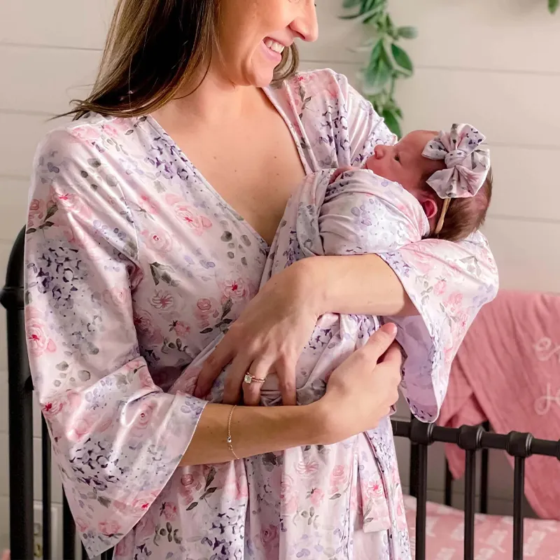 Organic bamboo nursing maternity gown and baby matching pajama maternity dress swaddle set and robe match outfit families