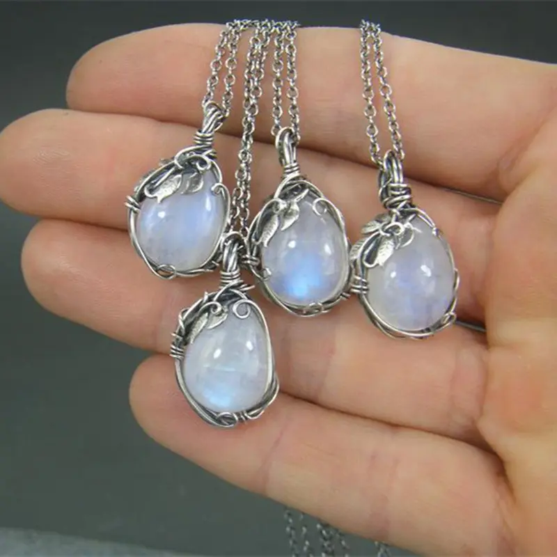 Moonstone Pendant Necklace Artificial Gems Alloy Rattan Vintage Women Necklaces for Lady Girls Waterdrop Stone Necklace Jewelry