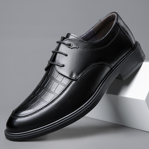 Chaussures Oxford en cuir véritable pour hommes, bout rond, à lacets, semelle souple, chaussures de mariage, automne, noir uni, tenue formelle d'affaires - Product Image 1