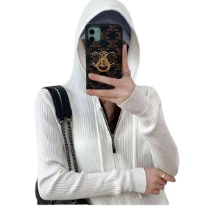 Women's Hooded Knit Sweater One Size Gray Soft Ribbed Zip Front <b>Cardigan</b> Stylish Commute Wear - Product Image 5