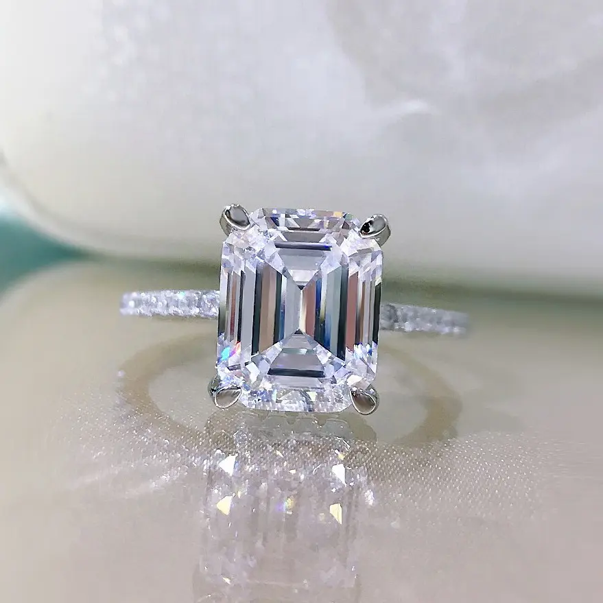 Bague de fiançailles Moissanite taille émeraude Offre Spéciale diamant or blanc 18 carats grande taille 4CT plaqué or CLASSIC respectueux de l'environnement