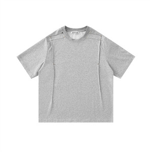 Camiseta holgada de manga corta con cuello redondo de mezcla de algodón transpirable de color liso para hombre, diseño americano urbano con remaches - Product Image 1