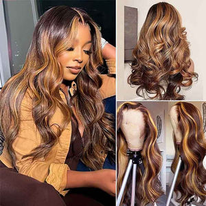 Perruque naturelle noire avec mèches blondes, mélange de couleurs, ondulée, bouclée, pré-épilée, avec dentelle transparente HD, en cheveux humains vierges bruts - Product Image 3