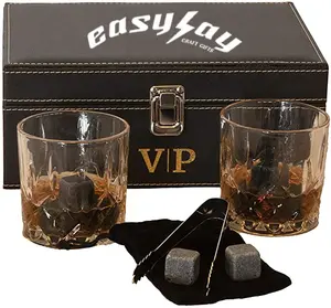 Whiskey Glasses Black Leather Box Case Bar Accessories Whisky Rocks Chilling Stones In Luxury Leather Box