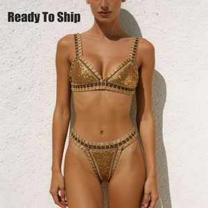 Maillot de bain bikini taille haute <span class=keywords><strong>en</strong></span> sequins bronze faits main pour femme, prêt à expédier, livraison <span class=keywords><strong>en</strong></span> <span class=keywords><strong>24h</strong></span>, idéal pour l'été et la plage, sans minimum de commande. - Product Image 1