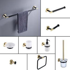 Kit d'accessoires de salle de bain en laiton noir mat : Anneau porte-serviettes, Distributeur de savon, Porte-rouleau de papier toilette, Brosse WC, Crochet pour salle de bain - Product Image 1