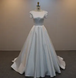 女式奢华婚纱2024象牙绉纱珍珠圆领短袖花式婚纱一线