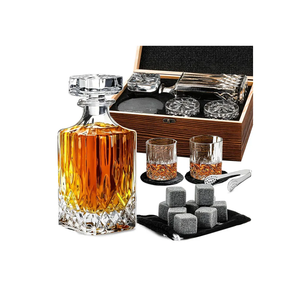 Biểu Tượng Tùy Chỉnh Pha Lê Thủy Tinh Rượu Rượu Whiskey Decanter Set Với 2 Whisky Kính Và 8 Stones Trong Hộp Bằng Gỗ