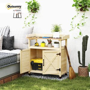 For Outdoor <b>Wooden</b> Potting Table Garden Workstation <b>Storage</b> Cabinet Aluminum Top Rubber Wheels Backyard Patio Balcony - Product Image 2