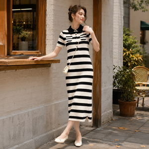 Vestido suéter midi de punto a rayas con cuello polo y cierre de botones para mujer, estilo casual de primavera - Product Image 2