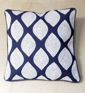 Modern Square <b>Cushion</b> Cover Navy Blue <b>White</b> Geometric Embroidery Handmade Home Decor - Product Image 1
