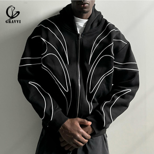 Sweat à capuche surdimensionné en molleton lourd avec bordure contrastée personnalisée, fermeture éclair intégrale, style streetwear vintage Y2K, lignes techniques gothiques pour hommes - Product Image 1