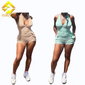 Fengway 2024 monos cortos acanalados elásticos Sexy sin espalda mameluco sin mangas mujeres Halter monos con bolsillo