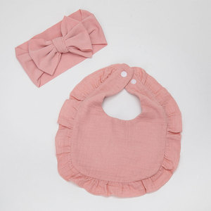 European American Solid Ruffled Baby Bib 2Pcs Set Stretchy Bow <b>Headband</b> Matching Infant Saliva Towel For Kids <b>Newborn</b> Gift Set - Product Image 4