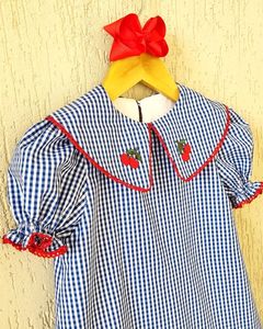 Abito estivo blu a scacchi con Design personalizzato per ragazze con ciliegio affumicato e ricamato abito da festa fascia d'età per bambini - Product Image 3