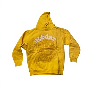 Sweat-shirt à capuche jaune avec imprimé toile d'araignée et logo au dos, coupe classique, vêtements décontractés pour hommes, automne, 100% coton tricoté - Product Image 1