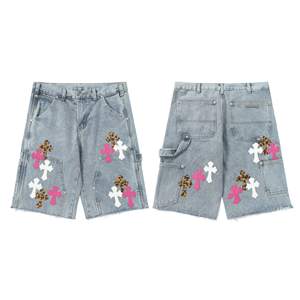 Shorts Cargo de Mezclilla Lavada con Adornos de Cruz, Estilo Americano Vintage, Marca Chrome Hearts - Product Image 3
