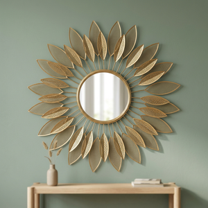 Round Brass <b>Wall</b> Mirror with Sunburst <b>Leaf</b> Design <b>Decorative</b> Framed Edge for Living Room Bedroom - Product Image 3