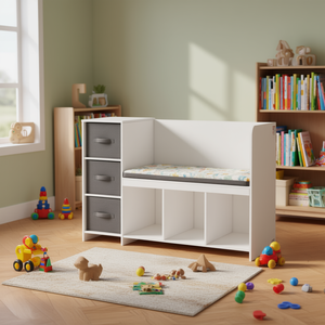 Banc de rangement blanc avec 6 compartiments et 3 tiroirs, coussin amovible, coin lecture pour enfants, bibliothèque pour tout-petits, meubles en bois - Product Image 2