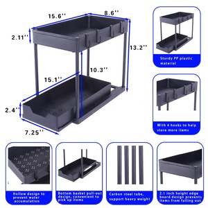 Rak Penyimpanan Serbaguna 2 Tingkat Geser di Bawah Kabinet untuk Dapur dan Kamar Mandi dengan Gantungan Cangkir - Product Image 6