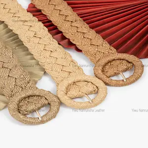 Wholesale china supplier fabric knitting PP Jute Braided enlaced buckle straw belts Women Hemp Woven Belt for Ladies Dress