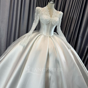 Lscm98 Modern Elegant Ivory Ball Gown <b>Wedding</b> Dress Lace Appliques Illusion Satin Bridal Pearl Button Bodice Smooth Full Skirt - Product Image 3
