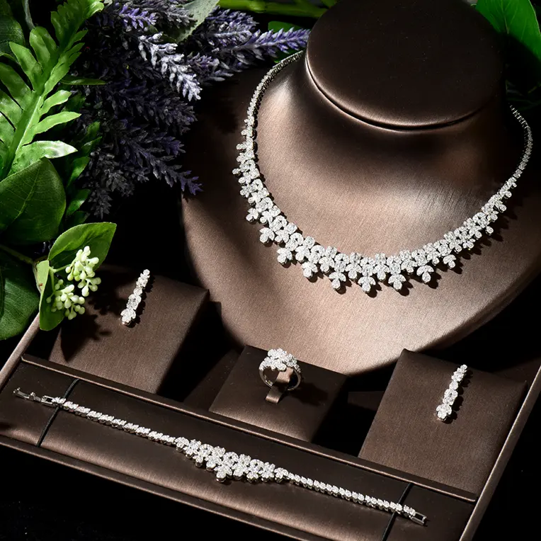 Luxury four piece suit necklace earring bracelet ring cubic zirconia necklace set wedding bridal jewelry set