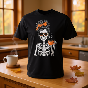 Camiseta para mujer con diseño de esqueleto de Halloween Messy Bun Coffee Mom - Product Image 3