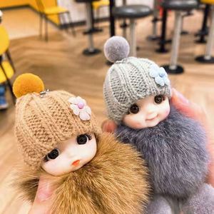 Cute Smiling Baby Plush Keychain Kawaii Fluffy Plush Doll Soft Fluffy Sleeping Baby Doll Pom Pom Keychain for Bag Charm Pendant
