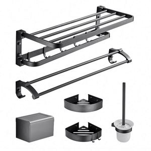 Juego de Accesorios de Baño de Aluminio de Cinco Piezas, Diseño Moderno y Lujoso, Portarrollos de Papel, Escobillero, Toallero, Color Negro, Diseño Minimalista Contemporáneo - Product Image 1