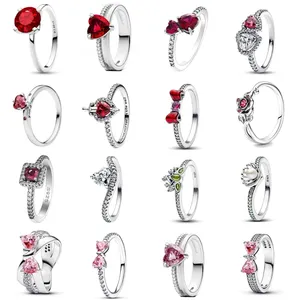 Anello Elegante da Donna in Argento 925 con Fiocco Rosa e Cuore Rosso, Regalo per San Valentino, per Matrimoni e Feste, dalla Cina - Product Image 1