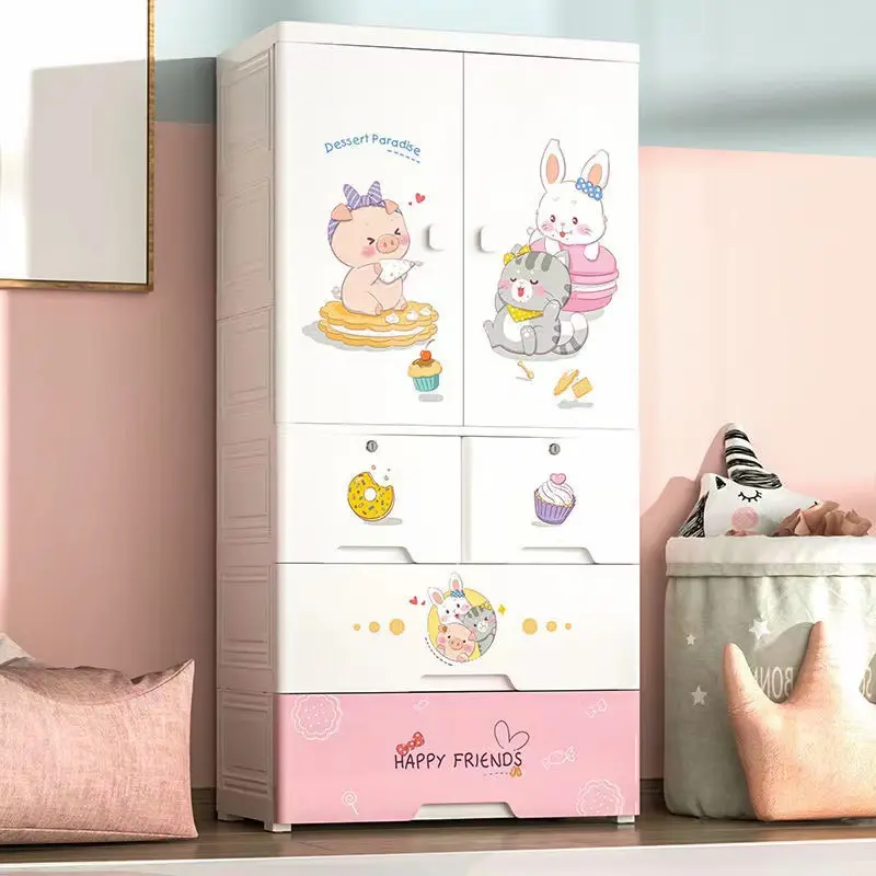 Lemari penyimpanan kamar tidur anak-anak, lemari penyimpanan pakaian anak perempuan warna Pink dengan laci desain kartun kelinci