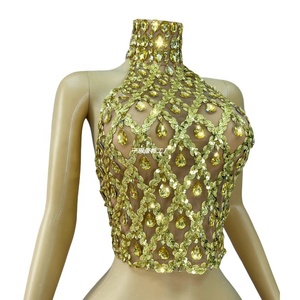 High Quality Blingbling <strong>Rhinestones</strong> Sexy Transparent <strong>Mesh</strong> Bandage Backless Halter Casual Floral Short Tank <strong>Top</strong> Women Evening - Product Image 2