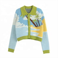 Großhandel Maßgeschneiderte Damen-Strickjacke mit Tropenmuster, Palm-Beach-Design, Knopfleiste vorne, Polokragen, Langarm, Kontrastbesatz, Blau