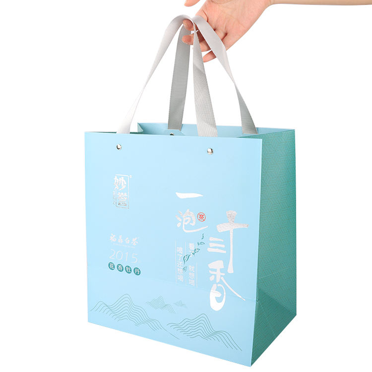 Fashion custom printed blue kraft shopping bags wholesale gift tote bag with custom logo