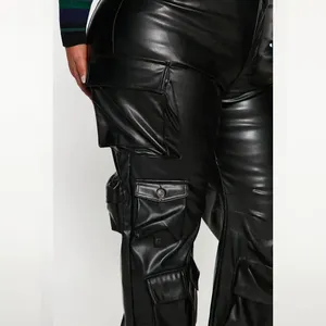 Calça cargo de couro para mulheres, calça larga casual feminina de cintura alta com bolsos largos e pernas largas, fabricante personalizado OEM