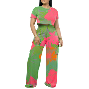Ensemble 2 pièces décontracté d'été pour femme : crop top et pantalon large à manches courtes, couleur unie, le plus vendu - Product Image 1