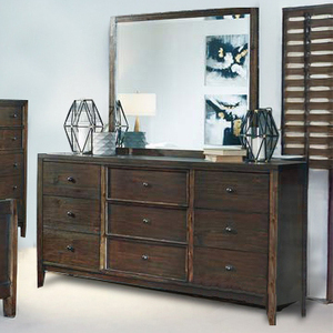 Ensemble de chambre à coucher moderne rustique en noyer foncé - 5 pièces avec lit à panneaux, commode, miroir, armoire et table de chevet - Product Image 4