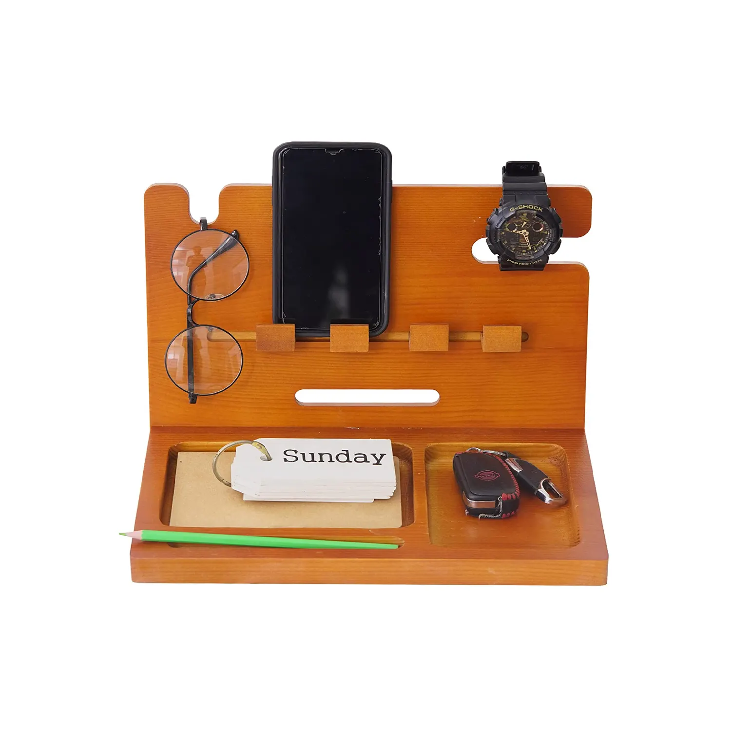 Taşınabilir bambu telefon standı dayanıklı Docking Station ile anahtar tutucu cüzdan standı toptan özel ahşap masa komidin organizatör