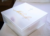 Boîte cadeau carrée en acrylique de luxe personnalisée RAYI avec couvercle mat givré - Boîte personnalisée en lucite pour baptême - Boîte à souvenirs de baptême
