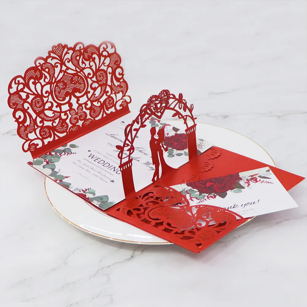 Tarjeta de felicitación de invitación de boda 3d, papel rojo cortado con láser, diseño de lujo personalizado, con sobre