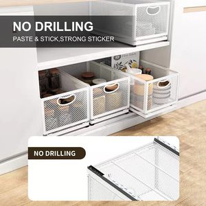 Étagère de rangement pliable en fil métallique avec poignée, empilable, organisateur d'évier sans perçage, panier de rangement adhésif pour cuisine et salle de bain - Product Image 5