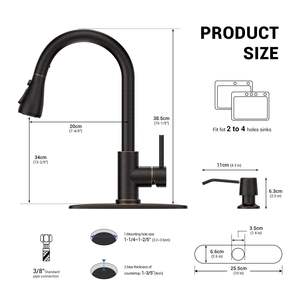 Grifo de Cocina Clásico Moderno, Negro Mate, Acero Inoxidable, Rociador Extraíble, Doble Manija, Montaje en Encimera, 1 Orificio - Product Image 3