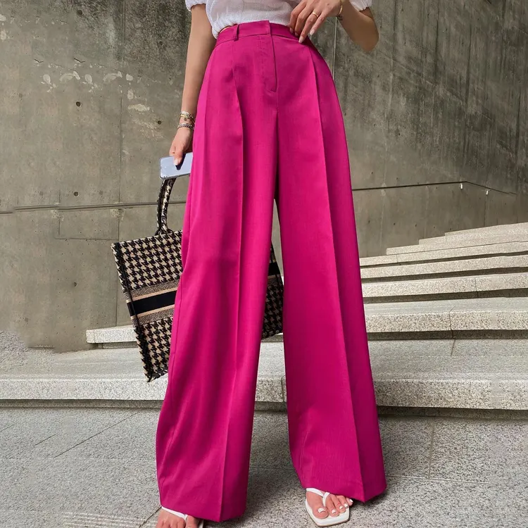Printemps été tendance élégant pantalon de travail de bureau rose plissé pantalon ample Palazzo pantalon pour femme