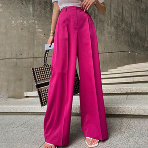 Abiti da donna pantaloni coreani di moda rosa pieghettati da ufficio Casual a vita alta pantaloni larghi da donna - Product Image 1