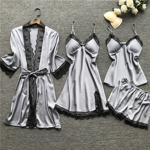 High Quality Sexy Women Four Piece Pajamas Set <strong>Silk</strong> Nightgowns Sexy Lace Robe Set <strong>Ladies</strong> Elegant Loungewear <strong>Silk</strong> <strong>Pyjamas</strong> - Product Image 1