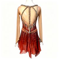 Robe de patinage artistique à manches longues en maille dégradée rouge, entièrement ornée de strass, dos croisé, jupe asymétrique, costume de compétition de danse sur glace