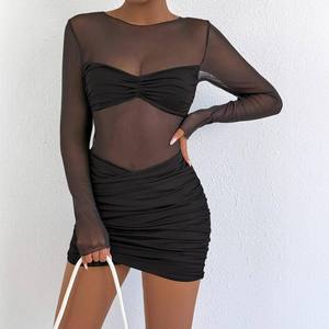 Women's Fashionable Round Neck Long Sleeved Dress Mesh <b>Patchwork</b> Short <b>Skirt</b> Sexy Pleated Hip Hugging Style - Product Image 3